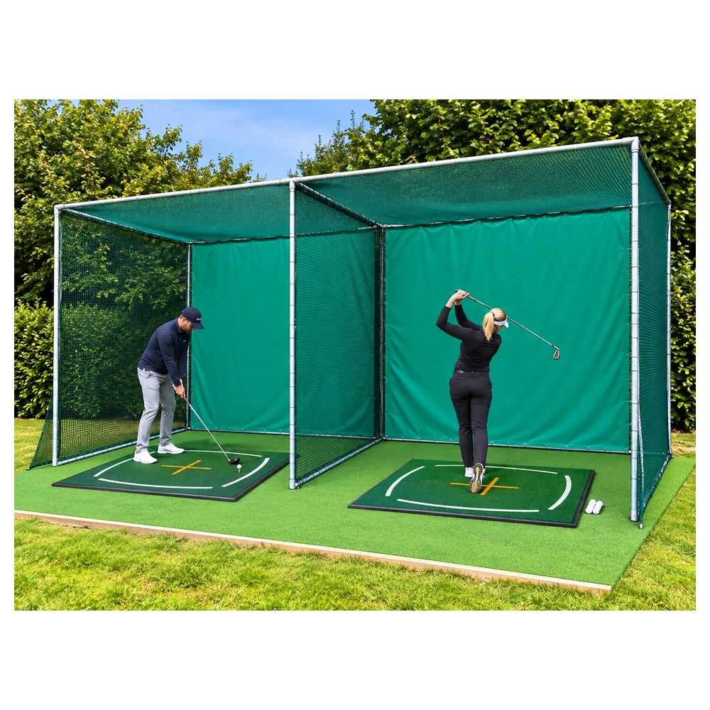 Double bay golf practice enclosure with TH Golf hitting mats